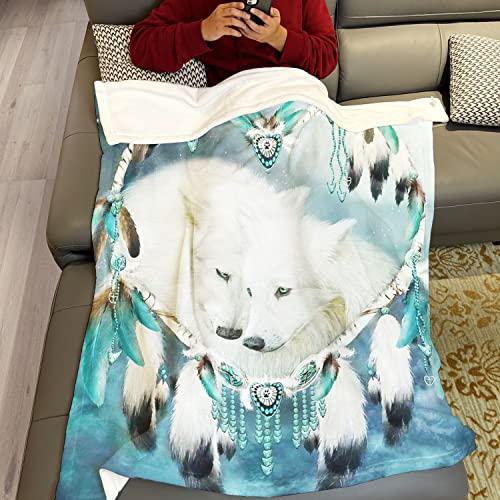 YISUMEI Wolf Dream Catcher Throw Blanket Blue Nebula White Wolf Fleece Blanket Soft Warm Cozy for Sofa Couch Bed 60"x80"