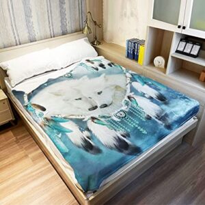 YISUMEI Wolf Dream Catcher Throw Blanket Blue Nebula White Wolf Fleece Blanket Soft Warm Cozy for Sofa Couch Bed 60"x80"