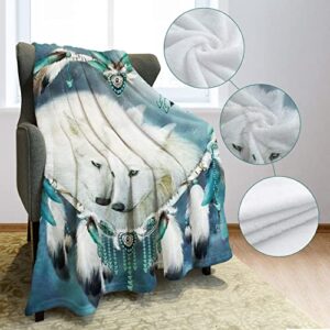 YISUMEI Wolf Dream Catcher Throw Blanket Blue Nebula White Wolf Fleece Blanket Soft Warm Cozy for Sofa Couch Bed 60"x80"