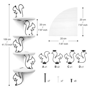 Alsonerbay White Corner Shelf 4 Tier Shelves for Wall Storage, Easy-to-Assemble Floating Wall Mount Shelves for Bedrooms and Living Rooms (Squirrel Shaped)