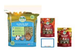 oxbow animal health alfalfa hay small animal food 15 oz, plus simple rewards baked treats with apple & banana and carrot & dill - 3 oz each, plus my buddy notepad (4 items total)
