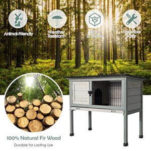 Tangkula Elevated Wood Rabbit Hutch, Indoor Outdoor Bunny Cage with Openable Roof and Removable Tray, Chicken Coop with Lockable Door, Guinea Pig Cage, Small Animal Houses & Habitats (Grey)