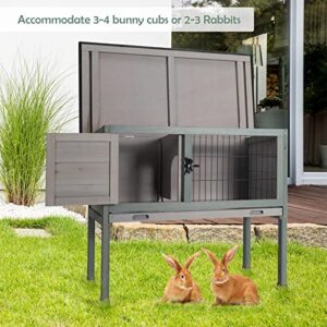Tangkula Elevated Wood Rabbit Hutch, Indoor Outdoor Bunny Cage with Openable Roof and Removable Tray, Chicken Coop with Lockable Door, Guinea Pig Cage, Small Animal Houses & Habitats (Grey)