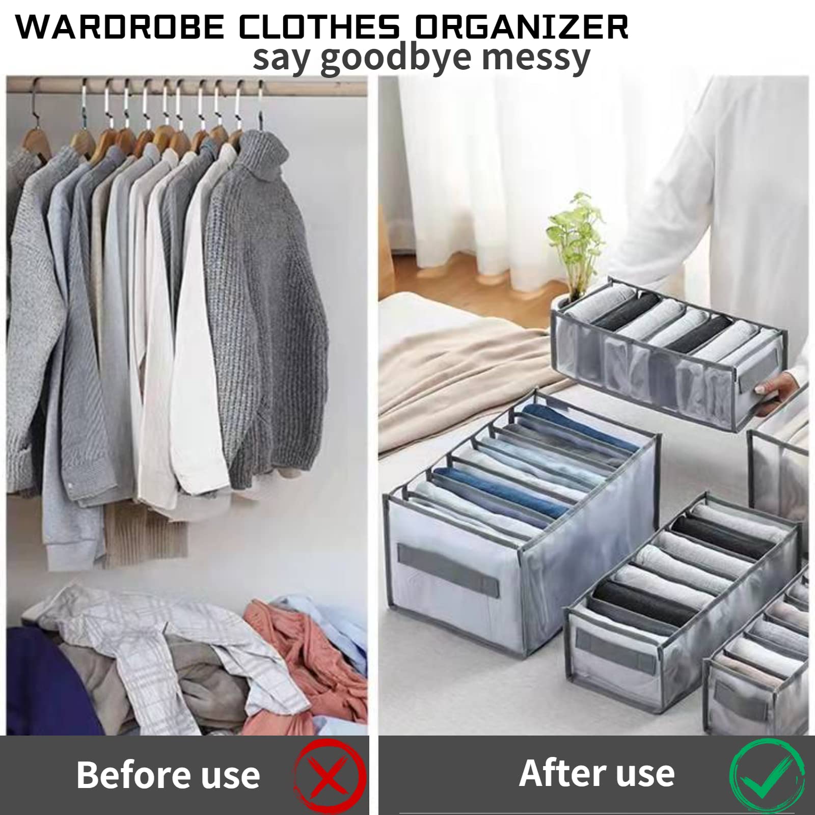 Wardrobe Clothes Organizer, 9 Grids Upgraded Washable Closet Organizers and Storage, Jeans Leggings Compartment Storage Box, Foldable Drawer Mesh Separation Box for Jeans, Shirt, Legging, Grey (4Pcs)