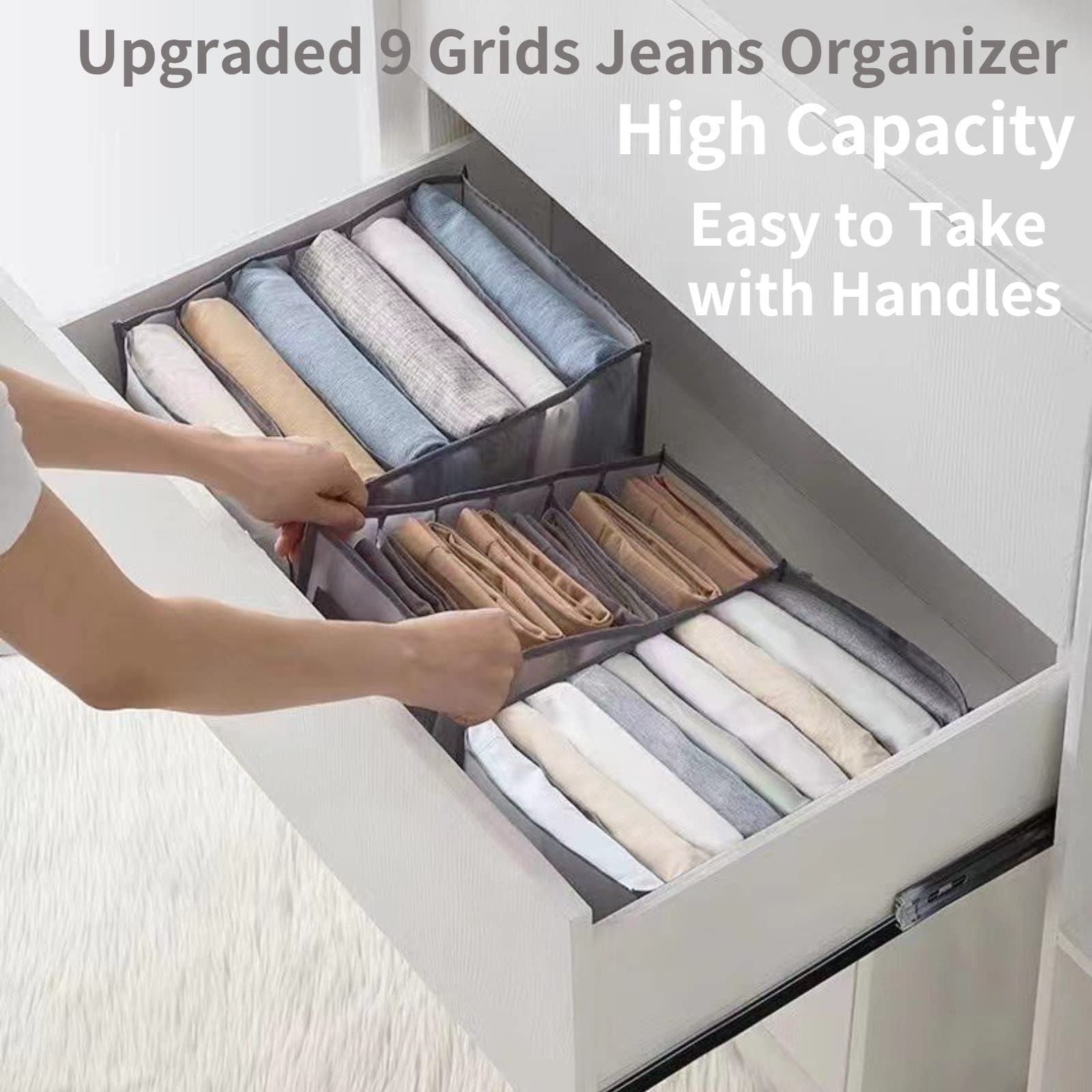 Wardrobe Clothes Organizer, 9 Grids Upgraded Washable Closet Organizers and Storage, Jeans Leggings Compartment Storage Box, Foldable Drawer Mesh Separation Box for Jeans, Shirt, Legging, Grey (4Pcs)