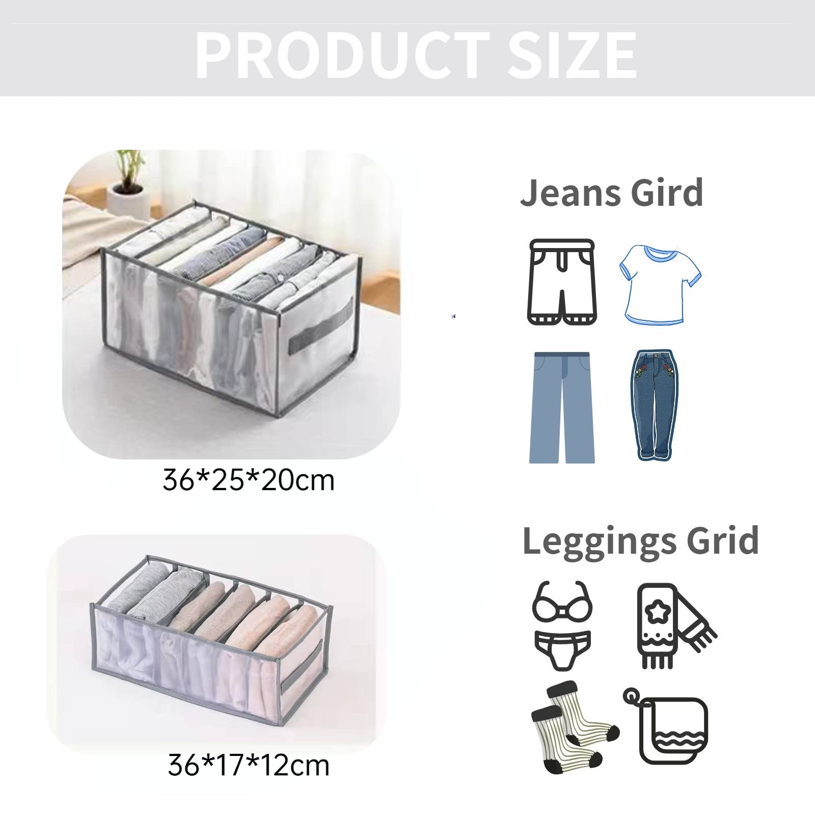 Wardrobe Clothes Organizer, 9 Grids Upgraded Washable Closet Organizers and Storage, Jeans Leggings Compartment Storage Box, Foldable Drawer Mesh Separation Box for Jeans, Shirt, Legging, Grey (4Pcs)