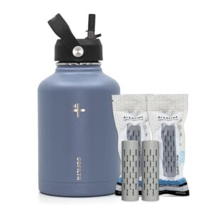 gofiltr 50 oz alkaline water bottle with straw lid + two 9.5 ph alkaline water infusers/sport insulated water bottle jug/creates alkaline water, color: glacier