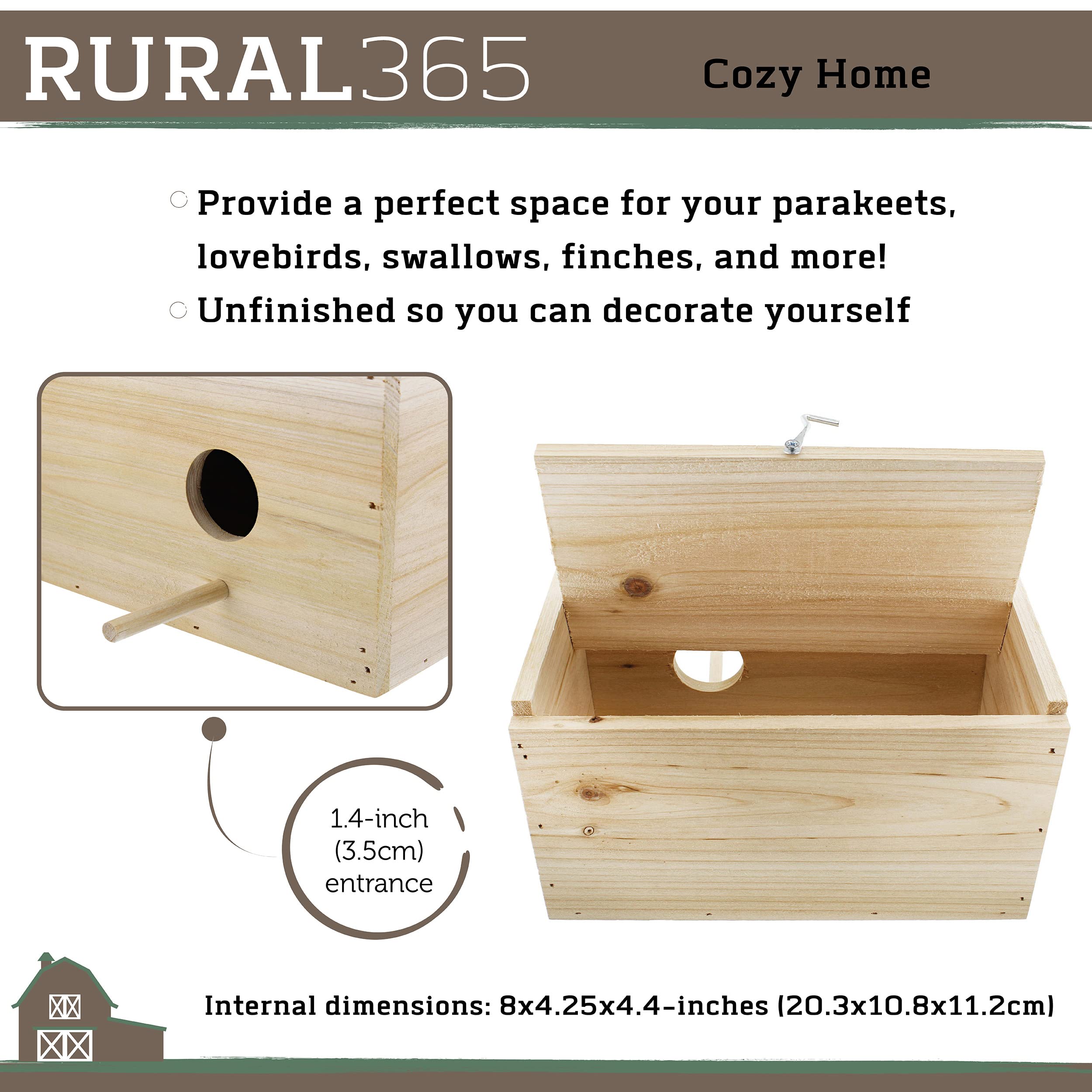 Rural365 Bird Nest Box - Medium 8.7 x 5 x 4.75in Wooden Bird Nesting Boxes for Cages Fits Swallow Finch Parakeet Dove