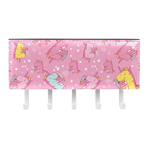 Cute Pink Unicorn Eatting Ice Cream Pattern Rack Organizer with 5 Hooks Wall Bathroom Kitchen Shelf Rack Multifunctional Storage Shelf