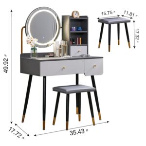 Redsun Vanity Table Set with 3 Color Touch Screen Dimming Mirror,Makeup Dressing Table with 3 Sliding Drawers and Cushioned Stool,Dresser Desk for Women/Girls (Silver Gray, 15.7Wx35.4L)…