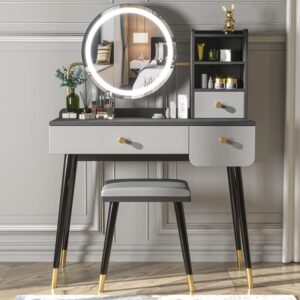 redsun vanity table set with 3 color touch screen dimming mirror,makeup dressing table with 3 sliding drawers and cushioned stool,dresser desk for women/girls (silver gray, 15.7wx35.4l)…