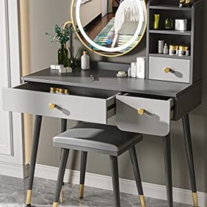 Redsun Vanity Table Set with 3 Color Touch Screen Dimming Mirror,Makeup Dressing Table with 3 Sliding Drawers and Cushioned Stool,Dresser Desk for Women/Girls (Silver Gray, 15.7Wx35.4L)…