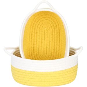 sea team 2-pack cotton rope baskets, 10 x 7 x 4 inches small woven storage basket, fabric tray, bowl, oval open dish for fruits, jewelry, keys, sewing kits (yellow & white)