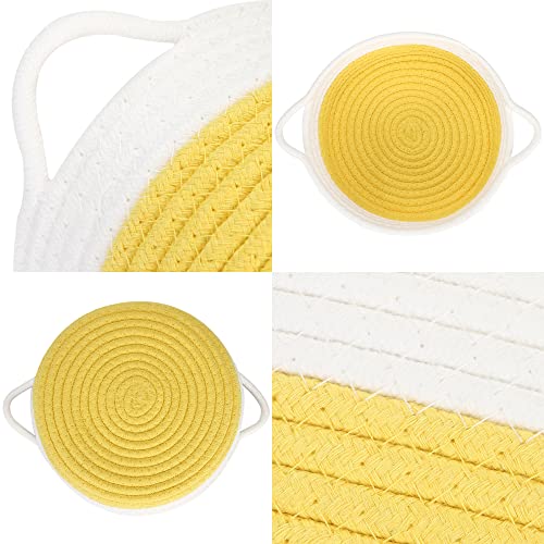 Sea Team 2-Pack Cotton Rope Baskets, 10 x 7 x 4 Inches Small Woven Storage Basket, Fabric Tray, Bowl, Oval Open Dish for Fruits, Jewelry, Keys, Sewing Kits (Yellow & White)