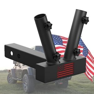 boslla hitch mount dual flag pole holder universal for standard 2 inch hitch receivers - compatible with jeep, truck, suv, rv, pickup, camper trailer, with anti-wobble screw
