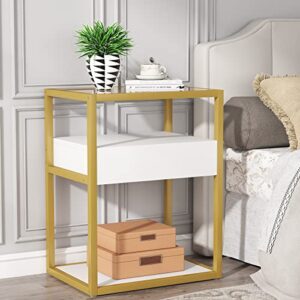 tribesigns nightstand tall side table, modern simple style end table with drawer and shelf, tempered glass bedside table, metal frame, 19.6”x15.7”x27.5” (1pc, gold and white)