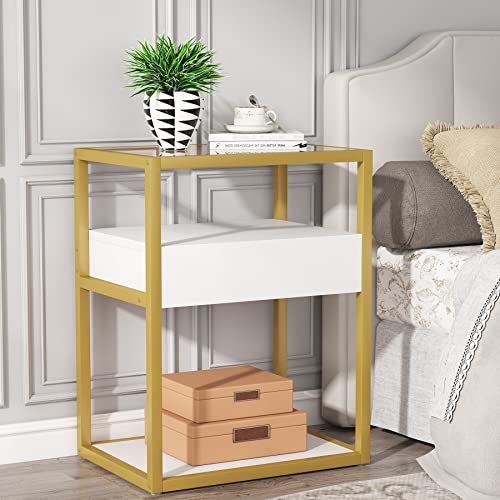 Tribesigns Nightstand Tall Side Table, Modern Simple Style End Table with Drawer and Shelf, Tempered Glass Bedside Table, Metal Frame, 19.6”X15.7”X27.5” (1PC, Gold and White)