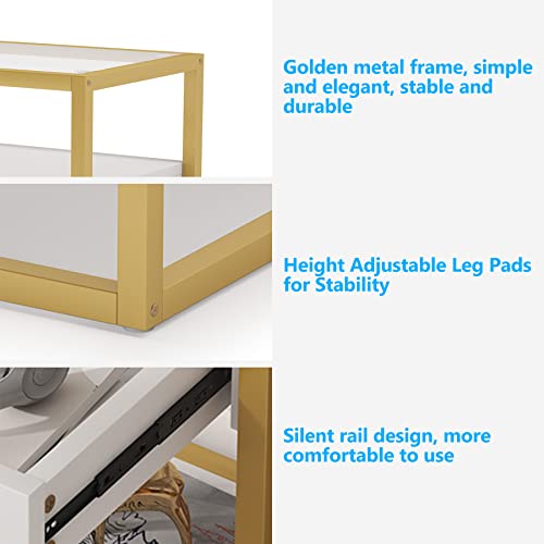 Tribesigns Nightstand Tall Side Table, Modern Simple Style End Table with Drawer and Shelf, Tempered Glass Bedside Table, Metal Frame, 19.6”X15.7”X27.5” (1PC, Gold and White)