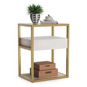 Tribesigns Nightstand Tall Side Table, Modern Simple Style End Table with Drawer and Shelf, Tempered Glass Bedside Table, Metal Frame, 19.6”X15.7”X27.5” (1PC, Gold and White)