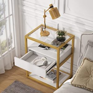 Tribesigns Nightstand Tall Side Table, Modern Simple Style End Table with Drawer and Shelf, Tempered Glass Bedside Table, Metal Frame, 19.6”X15.7”X27.5” (1PC, Gold and White)