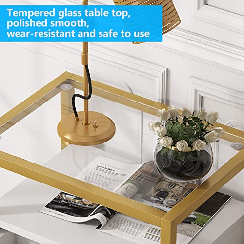 Tribesigns Nightstand Tall Side Table, Modern Simple Style End Table with Drawer and Shelf, Tempered Glass Bedside Table, Metal Frame, 19.6”X15.7”X27.5” (1PC, Gold and White)