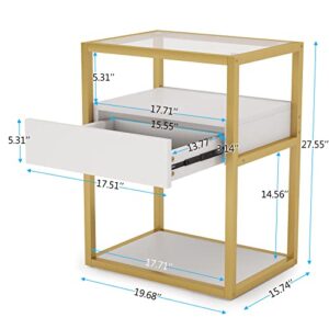 Tribesigns Nightstand Tall Side Table, Modern Simple Style End Table with Drawer and Shelf, Tempered Glass Bedside Table, Metal Frame, 19.6”X15.7”X27.5” (1PC, Gold and White)