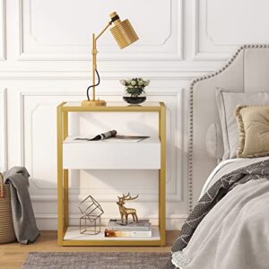 Tribesigns Nightstand Tall Side Table, Modern Simple Style End Table with Drawer and Shelf, Tempered Glass Bedside Table, Metal Frame, 19.6”X15.7”X27.5” (1PC, Gold and White)