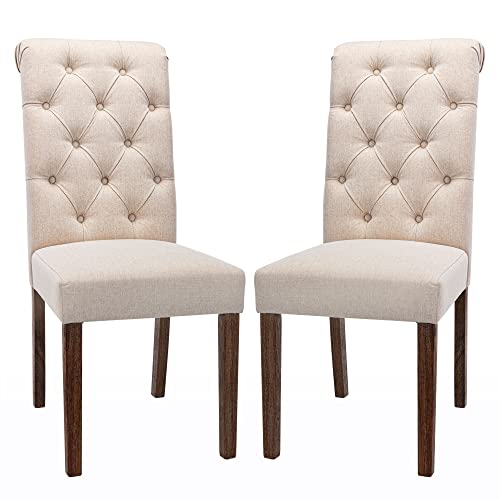 COLAMY Tufted Dining Room Chairs Set of 2, Accent Parsons Diner Chairs Upholstered Fabric Side Stylish Kitchen Chairs with Solid Wood Legs and Padded Seat - Beige