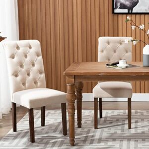 COLAMY Tufted Dining Room Chairs Set of 2, Accent Parsons Diner Chairs Upholstered Fabric Side Stylish Kitchen Chairs with Solid Wood Legs and Padded Seat - Beige