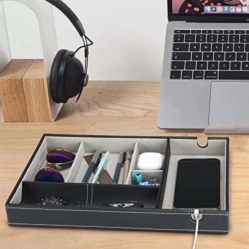 Procase PU Valet Tray for Dad Gift from Son Daughter - Nightstand Organizer EDC Dump Catchall Trays with Phone Charging Station, Dresser Top Entryway Faux Leather Storage Box -Black