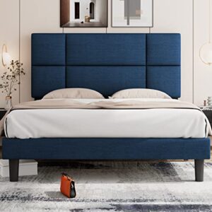 ipormis full size platform bed frame, upholstered bed frame with square stitched adjustable headboard, wooden slats support, nosie free, no box spring needed, navy blue