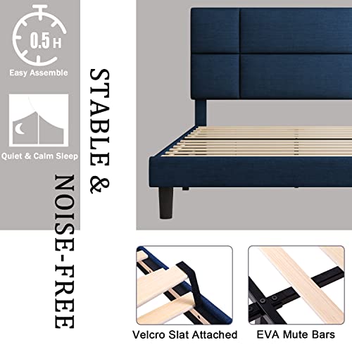 iPormis Full Size Platform Bed Frame, Upholstered Bed Frame with Square Stitched Adjustable Headboard, Wooden Slats Support, Nosie Free, No Box Spring Needed, Navy Blue