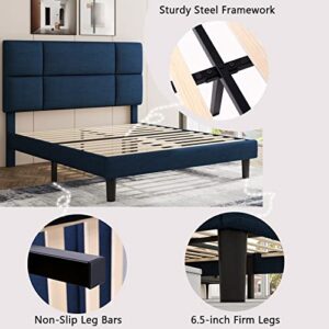 iPormis Full Size Platform Bed Frame, Upholstered Bed Frame with Square Stitched Adjustable Headboard, Wooden Slats Support, Nosie Free, No Box Spring Needed, Navy Blue