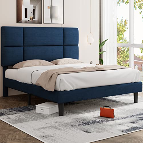 iPormis Full Size Platform Bed Frame, Upholstered Bed Frame with Square Stitched Adjustable Headboard, Wooden Slats Support, Nosie Free, No Box Spring Needed, Navy Blue