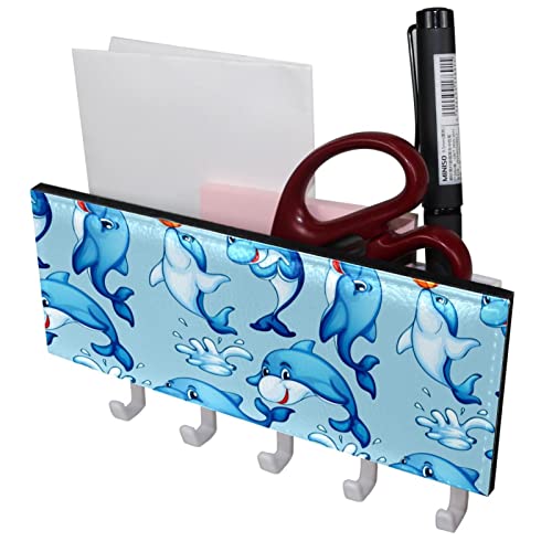 Cute Funny Blue Dolphins Pattern Rack Organizer with 5 Hooks Wall Bathroom Kitchen Shelf Rack Multifunctional Storage Shelf