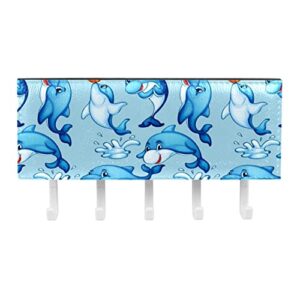 Cute Funny Blue Dolphins Pattern Rack Organizer with 5 Hooks Wall Bathroom Kitchen Shelf Rack Multifunctional Storage Shelf