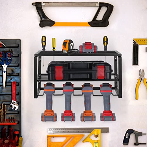 GOHIKING Wall Mount Tool Storage Rack, Garage Organization Heavy Duty Power Tool Organizer for 4 Drills & Batteries Fit Garage, Home, Workshop, Shed Power Tool Storage - Max Load 100lb