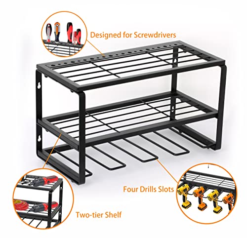 GOHIKING Wall Mount Tool Storage Rack, Garage Organization Heavy Duty Power Tool Organizer for 4 Drills & Batteries Fit Garage, Home, Workshop, Shed Power Tool Storage - Max Load 100lb