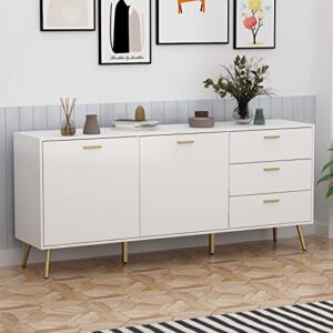 homsee sideboard cabinet with 3 drawers & 2 doors, modern kitchen buffet storage console cabinet with metal legs for living room, dining room & entryway, white (69”l x 15.6”w x 30”h)