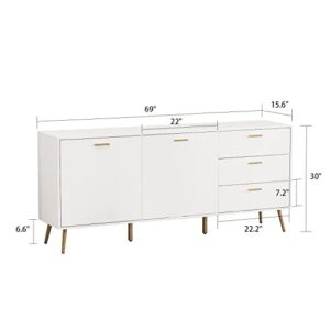 Homsee Sideboard Cabinet with 3 Drawers & 2 Doors, Modern Kitchen Buffet Storage Console Cabinet with Metal Legs for Living Room, Dining Room & Entryway, White (69”L x 15.6”W x 30”H)