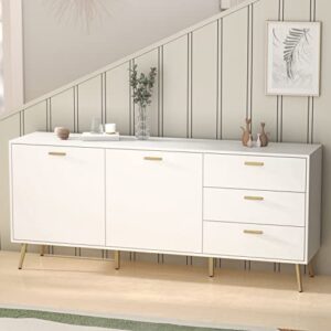 Homsee Sideboard Cabinet with 3 Drawers & 2 Doors, Modern Kitchen Buffet Storage Console Cabinet with Metal Legs for Living Room, Dining Room & Entryway, White (69”L x 15.6”W x 30”H)