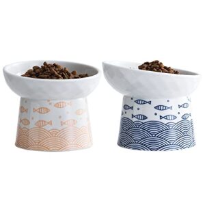 ceramic raised cat bowls, elevated tilted cat food and water bowls set, porcelain stress free pet feeder dish for cats and small dogs, dishwasher and microwave safe, set of 2