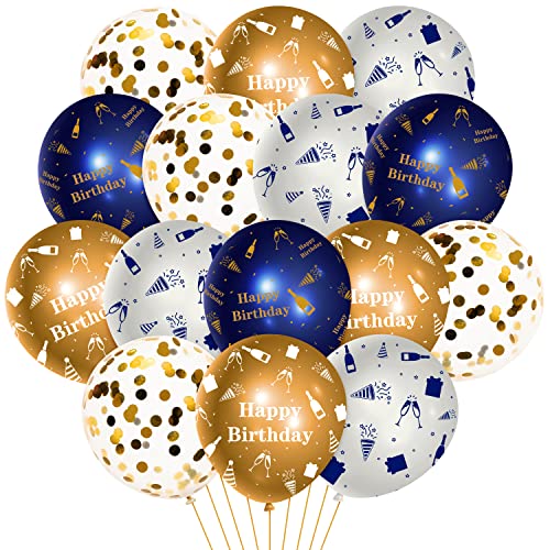 WATINC 36Pcs Navy Blue and Gold Happy Birthday Balloons, Sequin Confetti Latex Balloon Party Decor Photo Booth Prop Background Decoration for Kids Boy Girls Classroom Home Wall Baby Shower (12 Inch)