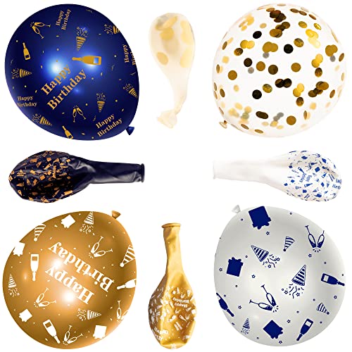 WATINC 36Pcs Navy Blue and Gold Happy Birthday Balloons, Sequin Confetti Latex Balloon Party Decor Photo Booth Prop Background Decoration for Kids Boy Girls Classroom Home Wall Baby Shower (12 Inch)
