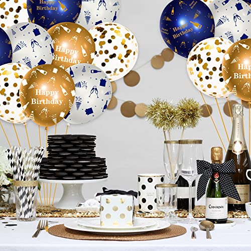 WATINC 36Pcs Navy Blue and Gold Happy Birthday Balloons, Sequin Confetti Latex Balloon Party Decor Photo Booth Prop Background Decoration for Kids Boy Girls Classroom Home Wall Baby Shower (12 Inch)