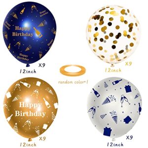 WATINC 36Pcs Navy Blue and Gold Happy Birthday Balloons, Sequin Confetti Latex Balloon Party Decor Photo Booth Prop Background Decoration for Kids Boy Girls Classroom Home Wall Baby Shower (12 Inch)