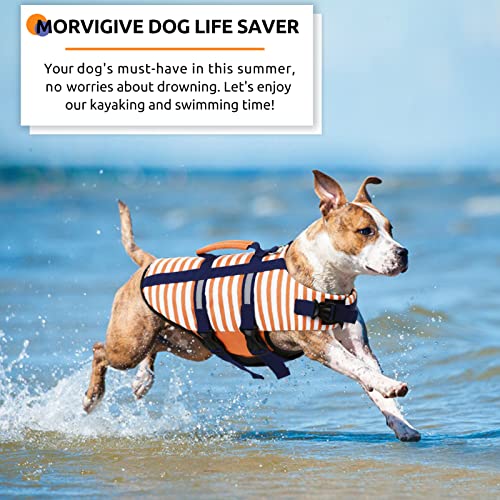 MORVIGIVE Striped Dog Life Jacket, Ripstop Dog Life Vest Preserver for Boating & Swimming with Rescue Handle, Reflective Puppy Float Coat Pet Swimsuit with Adjustable Straps and Side-Release Buckles