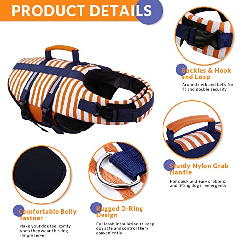 MORVIGIVE Striped Dog Life Jacket, Ripstop Dog Life Vest Preserver for Boating & Swimming with Rescue Handle, Reflective Puppy Float Coat Pet Swimsuit with Adjustable Straps and Side-Release Buckles