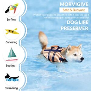 MORVIGIVE Striped Dog Life Jacket, Ripstop Dog Life Vest Preserver for Boating & Swimming with Rescue Handle, Reflective Puppy Float Coat Pet Swimsuit with Adjustable Straps and Side-Release Buckles