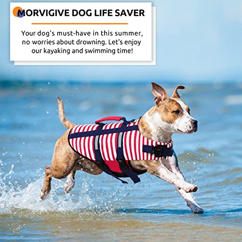 MORVIGIVE Striped Dog Life Jacket, Ripstop Dog Life Vest Preserver for Boating & Swimming with Rescue Handle, Reflective Puppy Float Coat Pet Swimsuit with Adjustable Straps and Side-Release Buckles